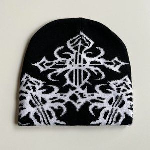Y2K 2000s grunge gothic punk cross cozy black and white beanie